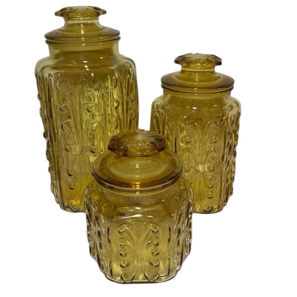 Vintage L.E. Smith Imperial Amber Glass Canisters
Atterbury Scroll Pattern
MCM